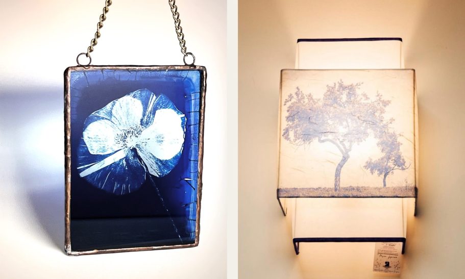 Luminaires & vitraux Vitrail coquelicot et applique papier japonais en cyanotype végétal, création artistique poétique par Agnes M.